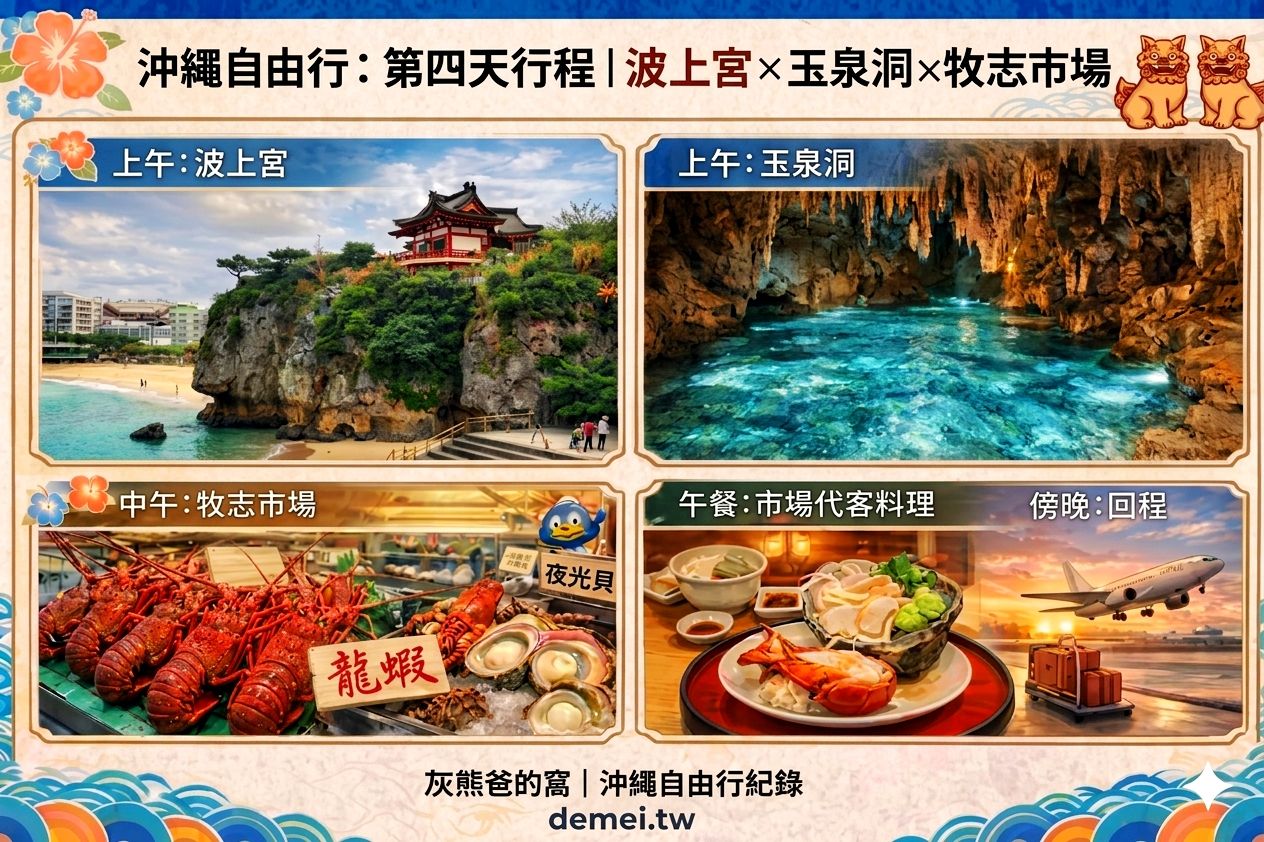 沖繩自由行Day4行程圖，波上宮、玉泉洞、牧志市場與回程安排